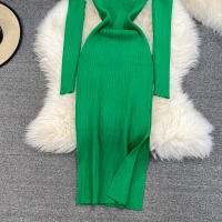 Vestido REALEFT De Mujer Otoño Invierno Con Cuello Cuadrado Manga Larga Y Acolchado De Puff Trasero Lateral Split Midi Casual - details 22