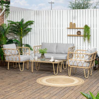 Outsunny Conjunto de Jardín de Ratán Sintético Juego de 4 Piezas Muebles de Jardín con Sofá de 2 Plazas 2 Sillones y Mesa de Centro con Encimera de Cristal y Cojines Extraíbles Natural y Gris - details 1