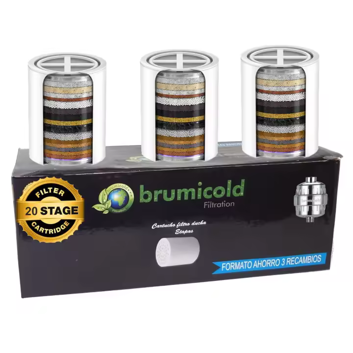 Brumicold Pack 3 Recambio Filtro Ducha Universal 20 Etapas Compatible con Carcasa 10,12,15,17,18 Purificador Agua Vitamina C Protege Piel y Cabello - 1