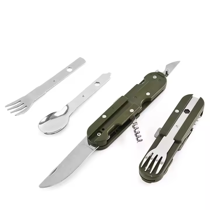 Kit De Comedor Portátil De Acero Inoxidable Verde Militar Cuchillo Fork Cuchara Abrebotellas Para Camping Y Picnics - 1