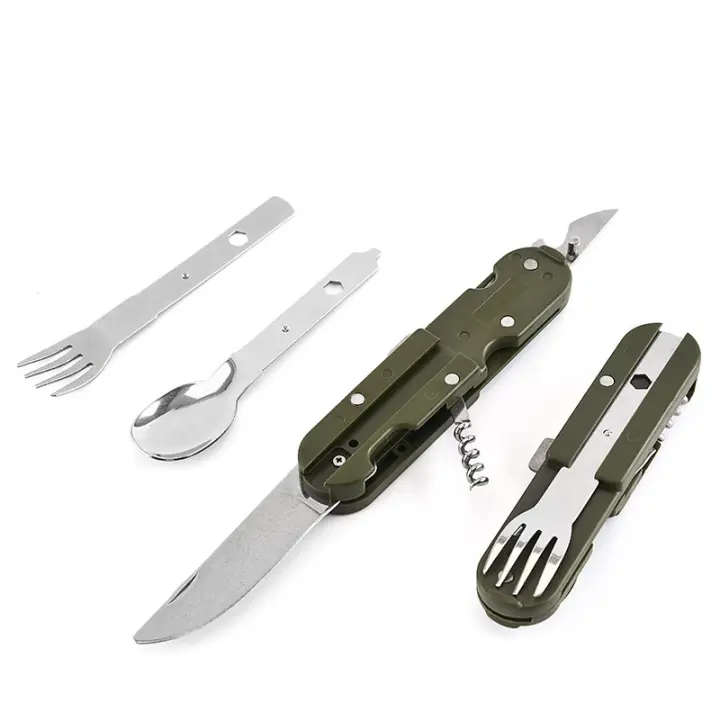 Kit De Comedor Portátil De Acero Inoxidable Verde Militar Cuchillo Fork Cuchara Abrebotellas Para Camping Y Picnics - 1
