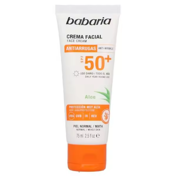 BABARIA Crema Facial Antiarrugas SPF50+ Aloe  75 ml Crema Facial Antiarrugas con Protector Solar - 1