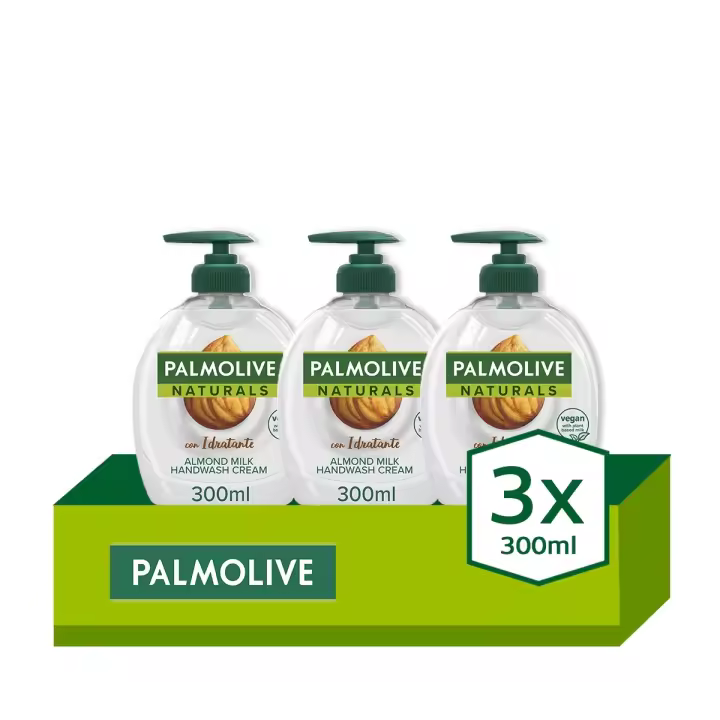 Jabón de manos Palmolive Naturals, Leche y Almendra con hidratante 300ml. Pack 3 - 1