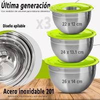 Set de 3 Boles de acero Multi-función con tapa hermética y tres Discos ralladores.  3 Tamaños   22/24/26 cm. 3 discos ( Corte plano / rallado/ juliana), 3 tapas con cierre hermético libres de BPA Selección Gourmet Tools de XSQUO Useful Tech. - details 2