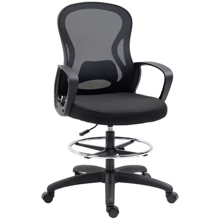 Vinsetto Silla de Oficina, Silla de Dibujo Ergonómica con Reposapiés Ajustable, Silla de Computadora Ajustable en Altura de 103-123 cm, Silla Giratoria, Silla de Trabajo con Ruedas, Malla, Negro - 1