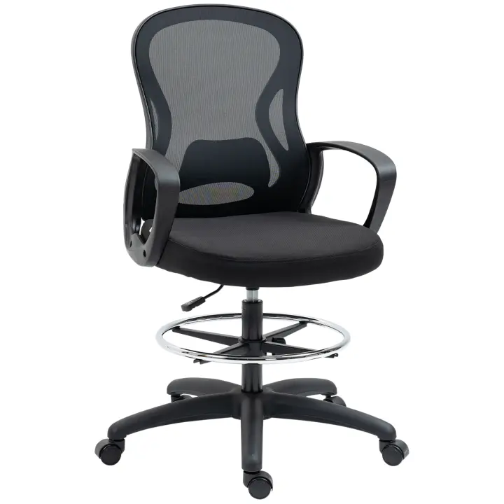 Vinsetto Silla de Oficina, Silla de Dibujo Ergonómica con Reposapiés Ajustable, Silla de Computadora Ajustable en Altura de 103-123 cm, Silla Giratoria, Silla de Trabajo con Ruedas, Malla, Negro - 1