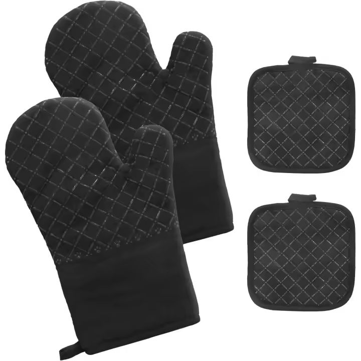 ZbazamgP Manoplas Horno Guantes de Cocina Algagón: 2 Antideslizante Manoplas Cocina Y 2 Juego de Mantel Individual - Guantes para Horno Diseño Antideslizante de Silicona para Cocinar Hornear near Microonda Negro - 1