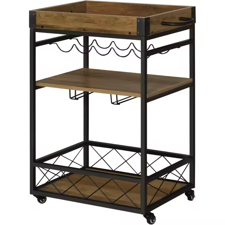 Carro de Cocina Carrito de Servicio Móvil Multiusos con 3 Estantes Bandeja Botellero Soporte Copas y Barra para Comedor 77x44,5x91 cm Madera Rústica - 1