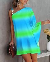 Vestido De Hombros Descubiertos Para Mujer Verano Estampado Moderno Con Cuello Diagonal Y Manga Bate Con Cordón Metálico Vestido Suelto De Color Sólido Para Oficina - details 6