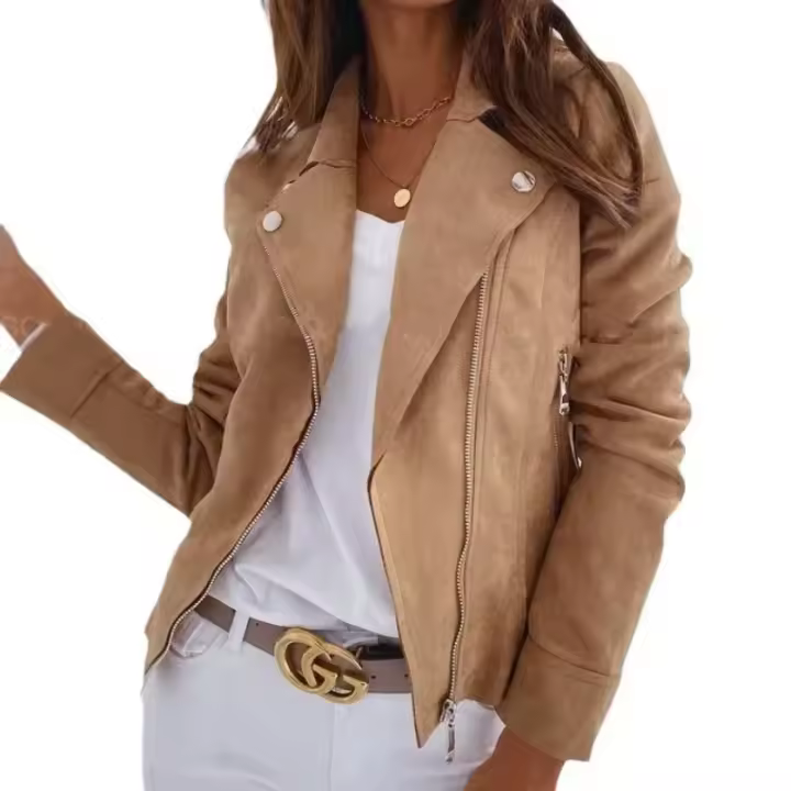 Nueva Moda Chaqueta De Cuero PU Para Mujer Cierre De Cremallera Manga Larga Marrón Slim Invierno Estilo Casual - 1
