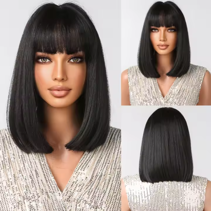 Pelucas Sintéticas De Ombre Negro Marrón Con Flequillo Textura Ondulada Resistente Al Calor Para Fiestas Y Cosplay Peluca Médium Para Mujeres Afro - 1
