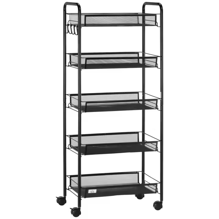 HOMCOM Carrito Auxiliar con Ruedas Carrito de Cocina de 5 Niveles con Cestas de Malla Extraíbles y Marco de Acero para Salón Baño Comedor Oficina 45x26,5x106 cm Negro - 1