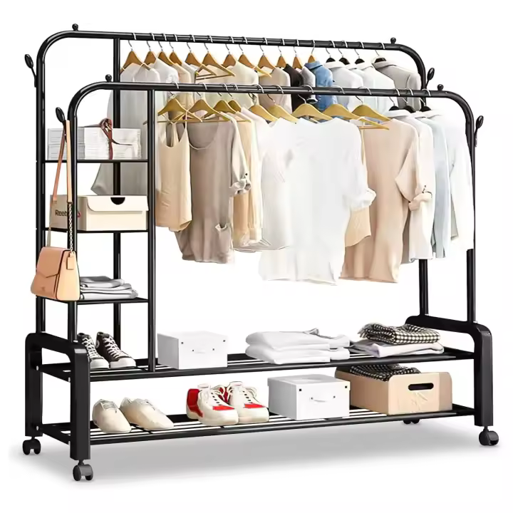 Burro Ropa,Burro ropa con ruedas,Perchero burro ropa resistente,Burro ropa con 4 layers of storage (negro) - 1