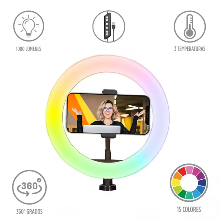 Raycool Aro de Luz 12" RGB para Móvil - 17 Modos distintos -  Cabezal con giro 360º e inclinación de 180º - Iluminación profesional para TikTok, Instagram y Twitch - 1