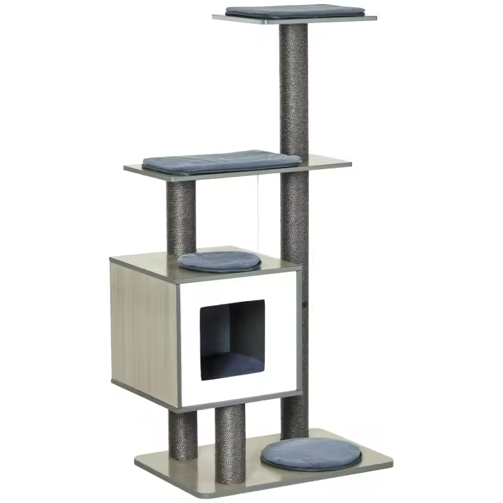 PawHut Árbol Rascador para Gatos de Madera 71,5x49,5x120 cm Torre de Gato con Cueva Plataformas Postes Rascadores de Sisal Cojines de Felpa Suave y Bolas Colgantes - 1