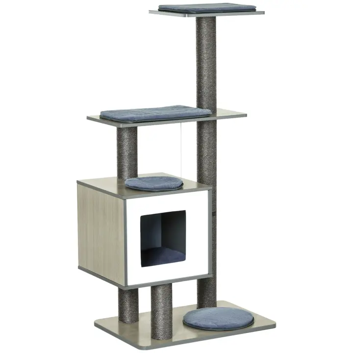 PawHut Árbol Rascador para Gatos de Madera 71,5x49,5x120 cm Torre de Gato con Cueva Plataformas Postes Rascadores de Sisal Cojines de Felpa Suave y Bolas Colgantes - 1