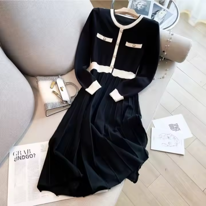 Vestido De Punto Largo Con Cuello Redondo Y Bolsillos Estilizado Alto A-line Para Mujer Vestido De Suéter De Otoño E Invierno Nuevo 2024 - 1