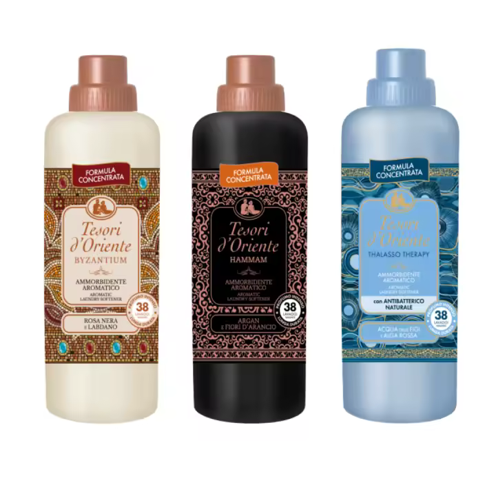 Tesori d'oriente suavizantes orientales arabes para la ropa pack de 3. Rosa Negra y Ládano, Aceite de argán y flor de naranja, Tsubaki y Peony japonés, GRANADA y TÉ ROJO, Agua de Fiji y algas rojas. Aromas orientales, aromas arabes, ropa suave y esponjosa - 1