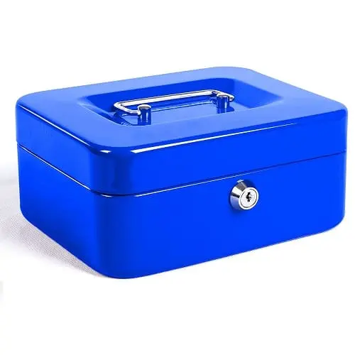 CABLEPELADO Caja fuerte metalica portatil caudales - objetos valiosos - billetes - caja monedas - transporte seguro - tamaño pequeña - color azul - 1