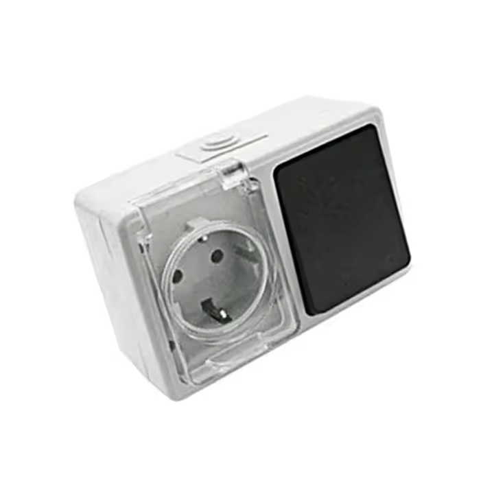 Electro DH Base funcional moderna Schuko + conmutador estanco, ideal para exteriores. Garantiza máxima seguridad y resistencia al agua, perfectos para uso en climas húmedos. - 1