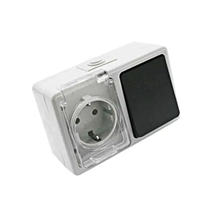 Electro DH Base funcional moderna Schuko + conmutador estanco, ideal para exteriores. Garantiza máxima seguridad y resistencia al agua, perfectos para uso en climas húmedos. - 1