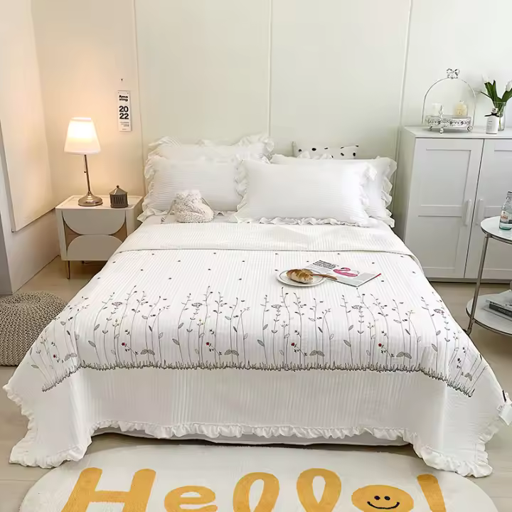 Cubierta De Edredón De Verano Con Bordado De Flores Y Volantes Estilo Princesa Coreana 1/3Pc Fundas Para Edredón Microfibra Seda 400TC Sin Alérgenos Para Adultos - 1
