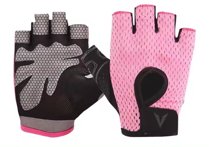 Guantes De Levantamiento De Peso Para Mujer En Rosa Medio Dedo Malla Transpirable Antideslizante Para Gimnasio Y Deportes - 1