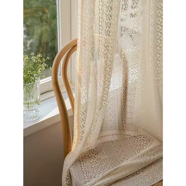 1PC Cortinas De Tules Voile Estilo Boho Japonés Para Decoración De Sala De Estar Beige Geométricas Vintage Transparentes Con Bolsa Para Rodamiento - 1
