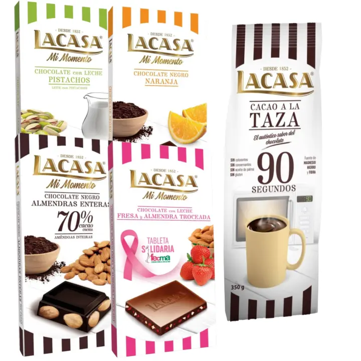 Lacasa pack de 5 tabletas de chocolate:taza 90 segundos 350g, naranja 100g ,leche pistacho 90g, leche fresa y almendra 100g , almendra 200g - 1