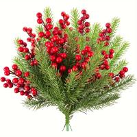 30PCS Ramas De Pino Artificiales Con Berros Rojos Para Decoración Navideña DIY Suministros De Coronas De Navidad Para El Hogar - details 0
