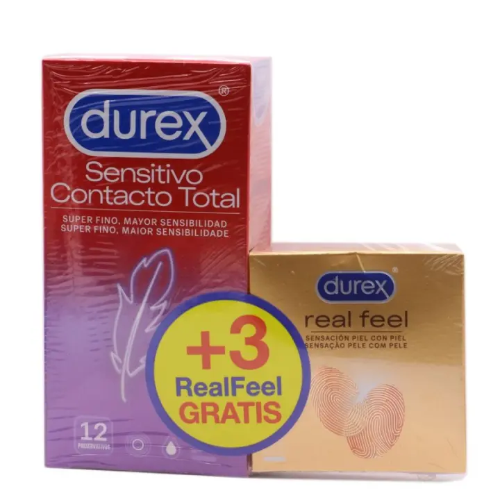 Durex Sensitivo Preservativo Contacto Total 12 unidades + Real Feel 3 unidades Regalo - 1
