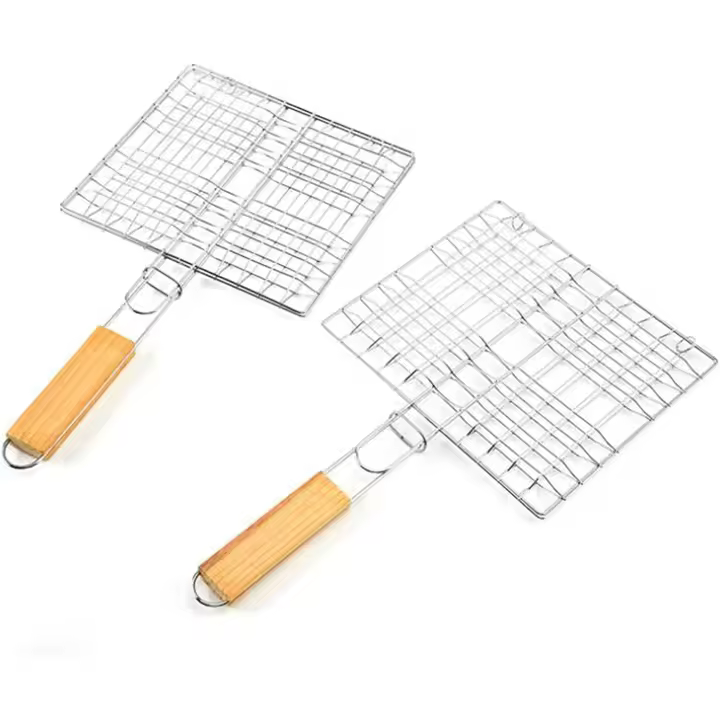 Estante de cocina 2 piezas de plata Parrilla de acero inoxidable portátil Parrilla de acero inoxidable Parrilla portátil cesta de parrilla de acero inoxidable cesta de carne Camarón parrilla vegetal Parrilla de pescado - 1