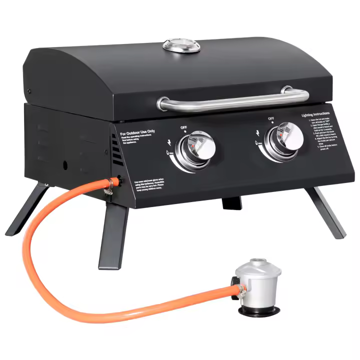 Outsunny Barbacoa de Mesa a Gas Plegable con 2 Quemadores Parrilla de Gas Portátil con Tapa Acero a Carbono para Camping Picnic al Aire Libre Jardín 55x46,5x41 cm Negro - 1