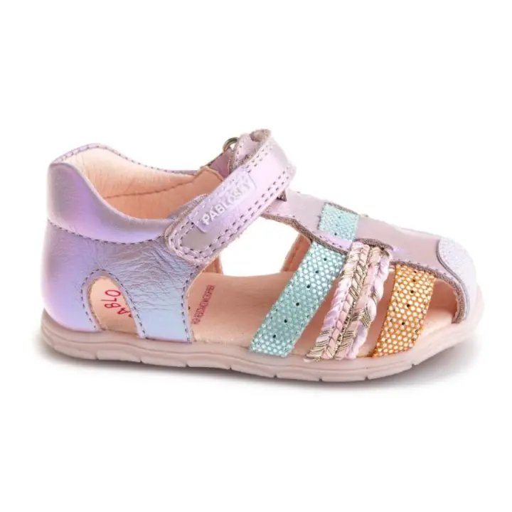 Sandalias niña barefoot Pablosky modelo Durham lila con adornos con cierre de tira adherente cangrejeras con puntera reforzada calzado respetuoso de Pablosky superflex fabricadas en España - 1