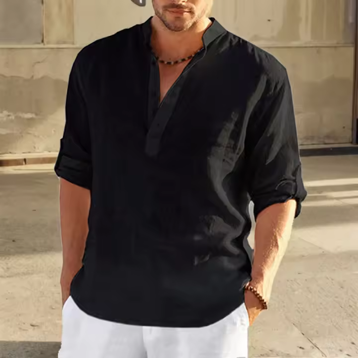 Camisa Casual Para Hombre Algodón Lino Manga Larga Cuello En Pie Moda Ajustada Top Hermoso Para El Hogar Y Compras - 1