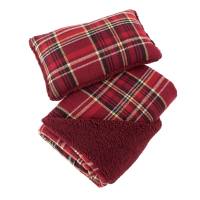 Manterol - Set de cojín y manta de sofá geométrico a cuadros, tejido de borreguito y terciopelo suave, cálido y mullido, ideal para sofá o pie de cama, colores gris, rojo, azul y marrón. - details 0