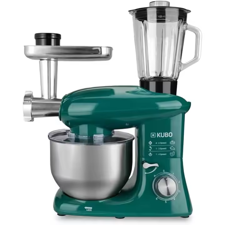 Kubo - Robot de Cocina - 7 Accesorios: Vaso de Licuadora, Picadora de Carne, Tazón Grande, Tapa Protectora, Batidor, Batidora y Amasadora - Color: Verde - Capacidad: 6 litros - 1