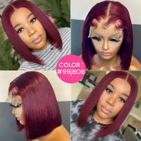 Pelucas Bob Cortas De Cabello Humano Color Rubí Oscuro 13x4 99J Peluca Frontal Completa Cortes Rectos Para Mujer Negra - details 3