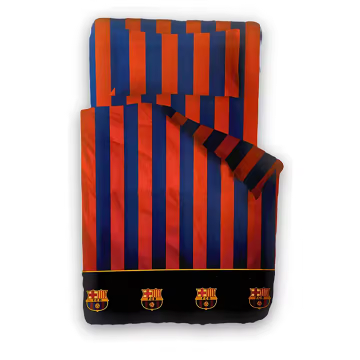 BARÇA - Juego de Sábanas Coralina FC BARCELONA  90 - 105 Cm, 3 Piezas (1 Sábana Encimera, 1 Funda de Almohada y 1 Sábana Bajera), Diseño con Escudos del Barcelona Rayas - 1