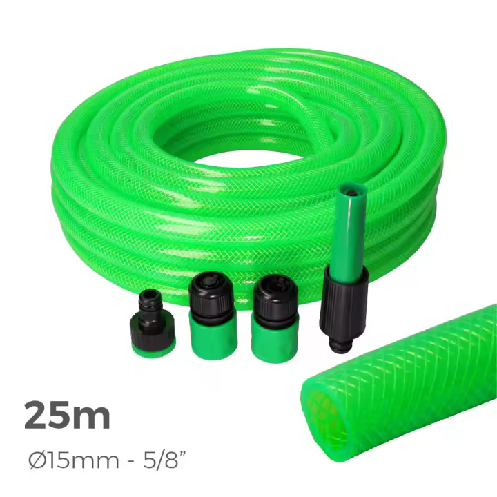 KIT MANGUERA JARDIN ANTI-TORSION Ø INTERIOR 15mm Ø EXTERIOR 20mm (5/8") - ROLLO 25m CON ACCESORIOS EDM - 1