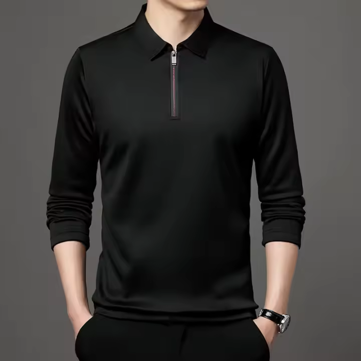 Camisa Polo De Manga Larga Color Sólido Para Hombre Con Cierre De Cremallera Cuello Polo De Algodón Moda Casual - 1