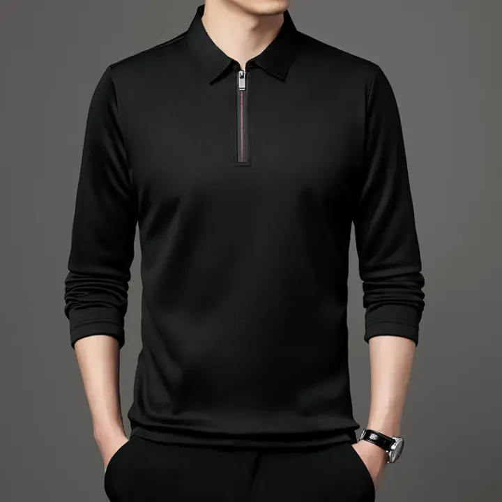 Camisa Polo De Manga Larga Color Sólido Para Hombre Con Cierre De Cremallera Cuello Polo De Algodón Moda Casual - 1