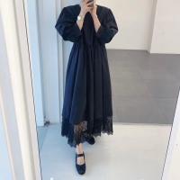 Vestido Largo Elegante De Encaje Patchwork Para Mujer REALEFT Otoño 2024 Cintura Alta Manga Larga Cuello Redondo Estilo Coreano Vestido Recto Para Mujer - details 3