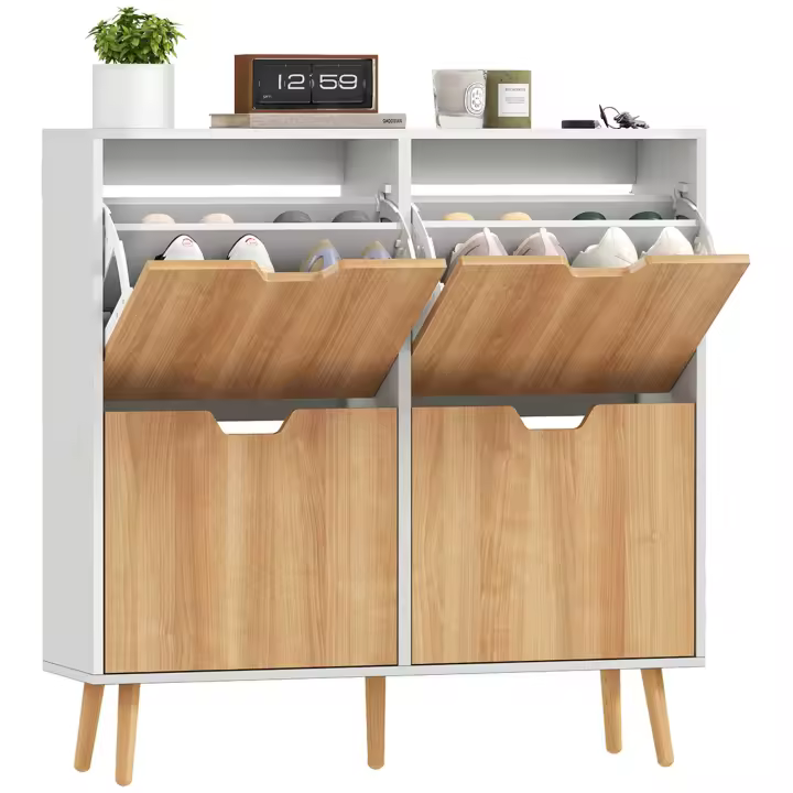 HOMCOM Mueble Zapatero con 4 Cajones Abatibles y Estantes Ajustables Armario de Zapatos de Pasillo para 16 Pares de Zapatos 95x26x95 cm - 1