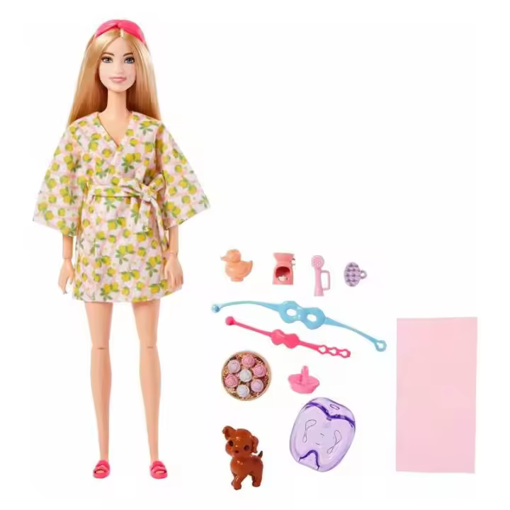 Barbie Bienestar Spa Muñeca de Mattel - Albornoz con Estampado de Limones - 1