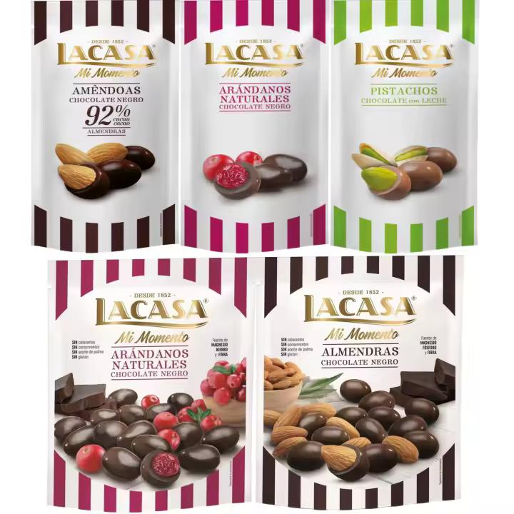 Lacasa Mi Momento pack de 5:Arándano  Negro 60 G,Pistacho  Leche 50 G,Almendra 92% 65 GArándano  Negro 125 G,Almendra  Negro 125 G - 1