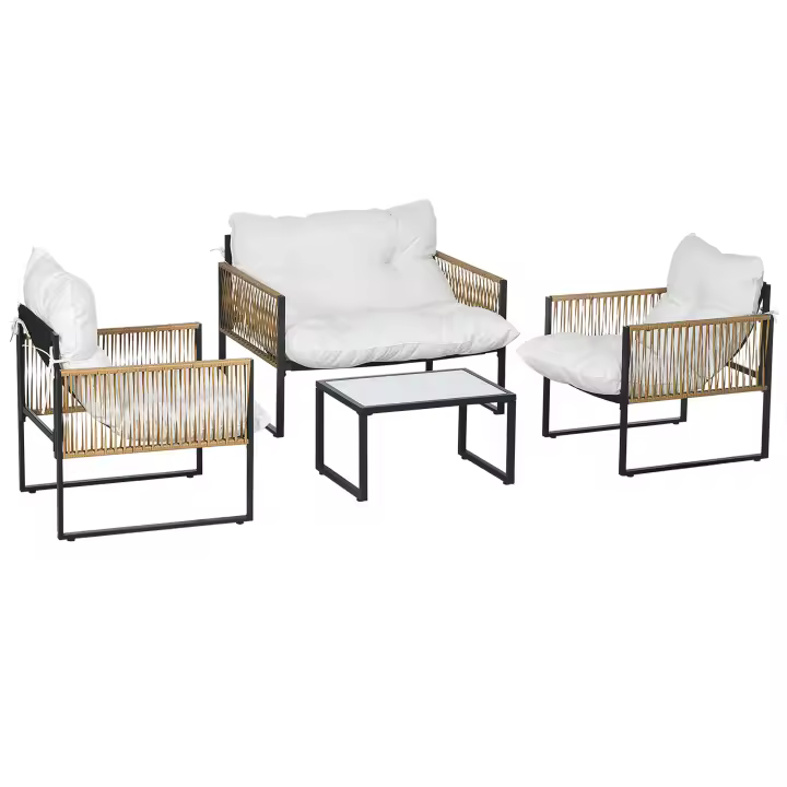 Outsunny Conjunto de Jardín de Ratán Sintético Juego de 4 Piezas Muebles de Jardín con 2 Sillones 1 Sofá de 2 Plazas 1 Mesa de Centro y Cojines - 1