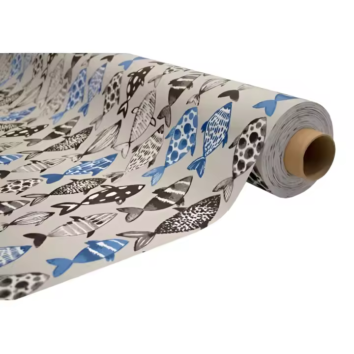 Mantel Hulehule Tex - Tela Resinada Poussin con Estampado de Peces Azules y Negros Antimanchas y Fácil de Limpiar - 1