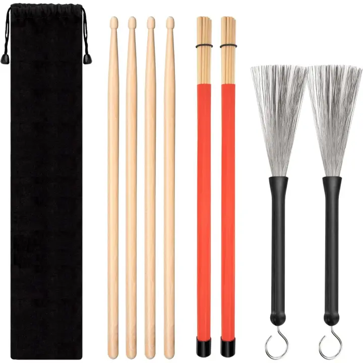 Juego clásico de baquetas,4 pares de baquetas de arce,cepillo de tambor de alambre y baquetas Dowel con bolsa de almacenamiento - 1