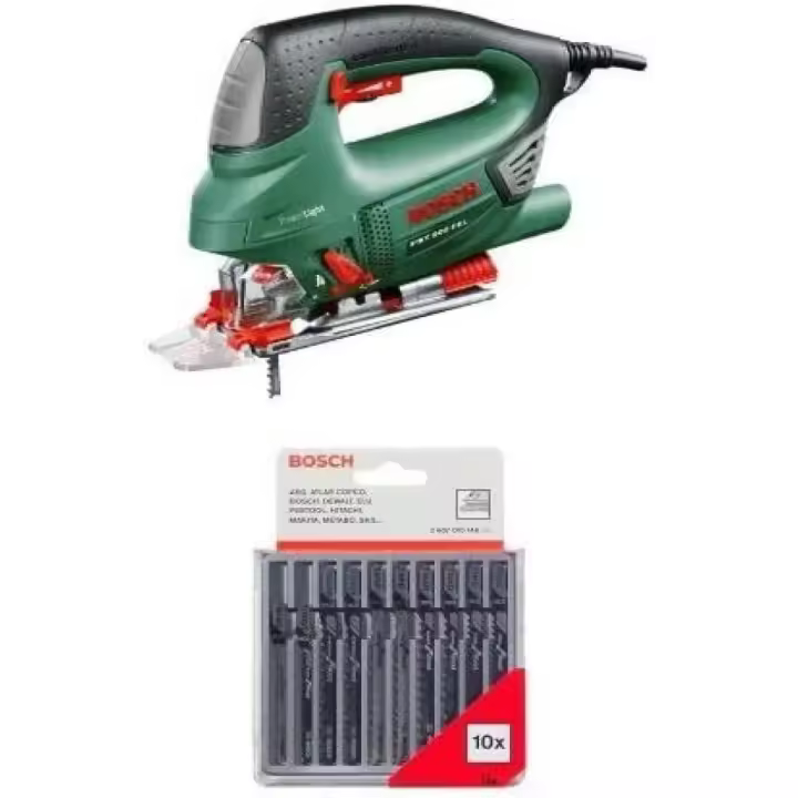Bosch PST 900 PEL - Sierra de calar, SDS, función de soplado, maletín, profundidad de corte 90 mm, 620 W + Pack de 10 cuchillas de sierra caladora - 1
